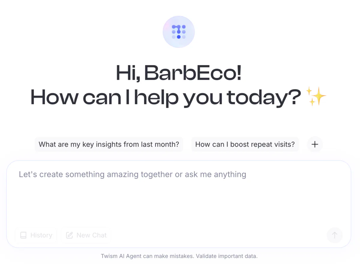 The AI Agent screen of the Twism portal: “How can I help you today?”, two suggested questions and a message box.