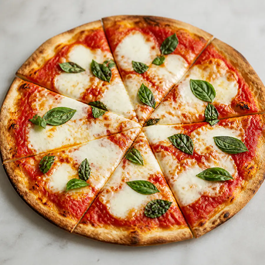 A sliced margherita pizza with fresh basil