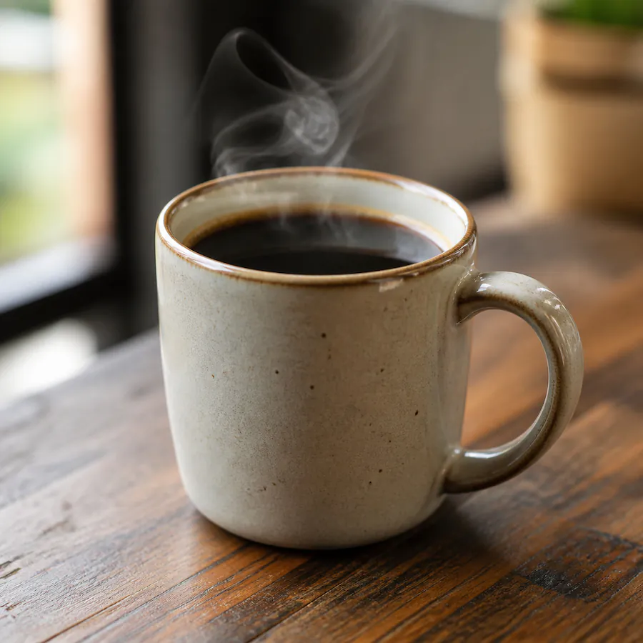 A mug of steaming black drip coffee on a wooden table by a window